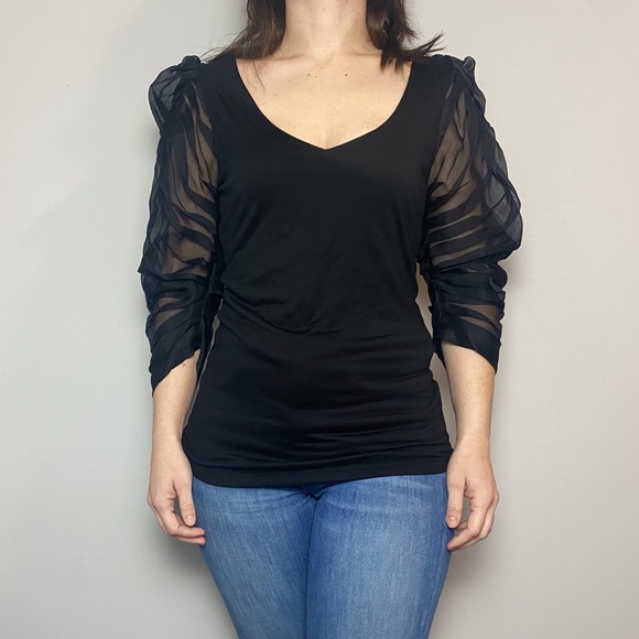 Katharine Kidd Pleated Sheer Sleeve Black Top - Picture 3 of 10